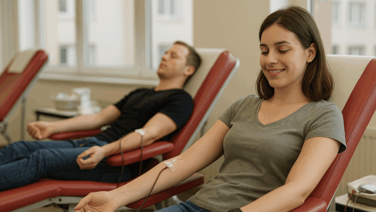 Zwei Personen sitzen in Blutspende-Stühlen, eine Frau lächelt, während sie Blut spendet.
