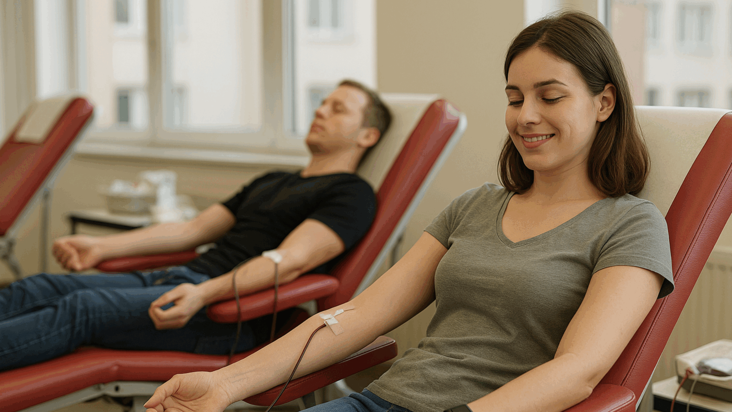 Zwei Personen sitzen in Blutspende-Stühlen, eine Frau lächelt, während sie Blut spendet.