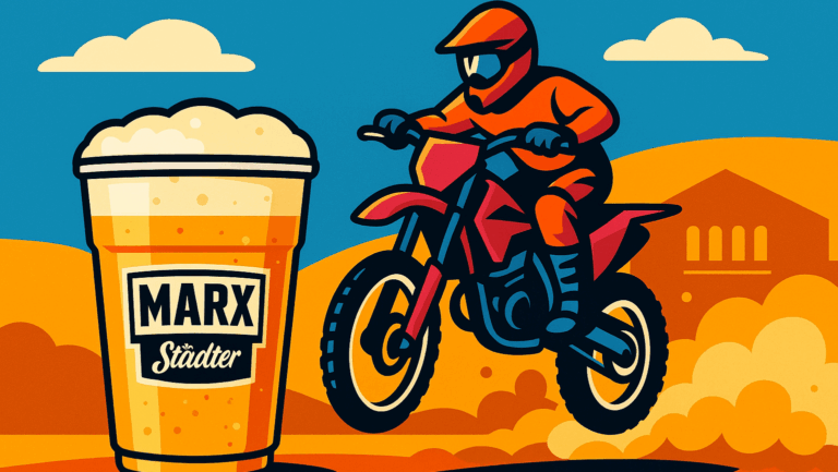 Ein Motorradfahrer springt über ein großes Bierglas mit dem Schriftzug 'MARX Städter'.